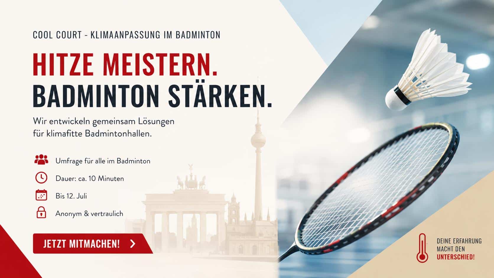 Bitte um Unterstützung/Teilnahme: 10-minütige bundesweite DBV-Befragung zu Hitze im Badmintonsport